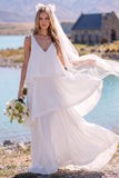 Witte V-hals mouwloze maxi Elopement trouwjurk