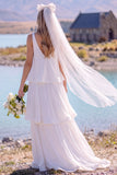 Witte V-hals mouwloze maxi Elopement trouwjurk