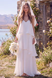 Witte V-hals mouwloze maxi Elopement trouwjurk