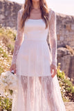 Witte vierkante hals Maxi Elopement trouwjurk met kant