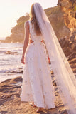 Witte A-lijn rondhals Maxi Elopement trouwjurk met uitsnede, appliqueerde