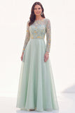 Chiffon groene A-lijn bateau hals bloemenjurk Mother Of the Bride met lange mouwen