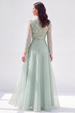 Chiffon groene A-lijn bateau hals bloemenjurk Mother Of the Bride met lange mouwen