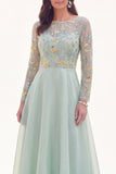 Chiffon groene A-lijn bateau hals bloemenjurk Mother Of the Bride met lange mouwen