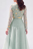 Chiffon groene A-lijn bateau hals bloemenjurk Mother Of the Bride met lange mouwen