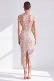 Blauwe bloemen bodycon ronde hals met midi jurk van de moeder van de bruid met split