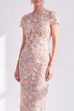 Blauwe bloemen bodycon ronde hals met midi jurk van de moeder van de bruid met split