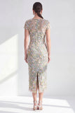 Blauwe bloemen bodycon ronde hals met midi jurk van de moeder van de bruid met split