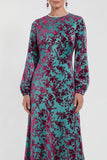 Fuchsia A-lijn ronde hals fluwelen bloemen midi jurk moeder van de bruid met lange mouwen