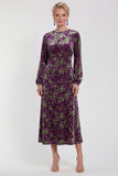 Fuchsia A-lijn ronde hals fluwelen bloemen midi jurk moeder van de bruid met lange mouwen