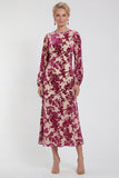 Fuchsia A-lijn ronde hals fluwelen bloemen midi jurk moeder van de bruid met lange mouwen