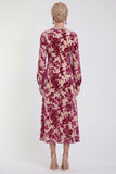 Fuchsia A-lijn ronde hals fluwelen bloemen midi jurk moeder van de bruid met lange mouwen