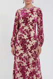Fuchsia A-lijn ronde hals fluwelen bloemen midi jurk moeder van de bruid met lange mouwen