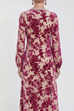 Fuchsia A-lijn ronde hals fluwelen bloemen midi jurk moeder van de bruid met lange mouwen