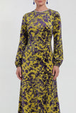 Fuchsia A-lijn ronde hals fluwelen bloemen midi jurk moeder van de bruid met lange mouwen