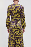 Fuchsia A-lijn ronde hals fluwelen bloemen midi jurk moeder van de bruid met lange mouwen