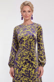 Fuchsia A-lijn ronde hals fluwelen bloemen midi jurk moeder van de bruid met lange mouwen