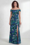 Off-the-shoulder groene bloem zeemeermin gerimpeld lange moeder van de bruid jurk met split