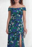 Off-the-shoulder groene bloem zeemeermin gerimpeld lange moeder van de bruid jurk met split