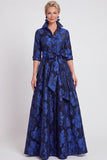 A-lijn marineblauw bloemenjacquard met halve mouwen lange moeder van de bruid jurk met riem