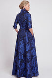 A-lijn marineblauw bloemenjacquard met halve mouwen lange moeder van de bruid jurk met riem