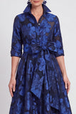 A-lijn marineblauw bloemenjacquard met halve mouwen lange moeder van de bruid jurk met riem