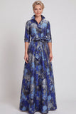 A-lijn marineblauw bloemenjacquard met halve mouwen lange moeder van de bruid jurk met riem