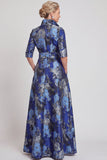 A-lijn marineblauw bloemenjacquard met halve mouwen lange moeder van de bruid jurk met riem