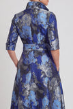 A-lijn marineblauw bloemenjacquard met halve mouwen lange moeder van de bruid jurk met riem