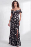 Off-the-shoulder zeemeermin zwarte bloemen met ruches lange moeder van de bruid jurk met split
