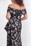 Off-the-shoulder zeemeermin zwarte bloemen met ruches lange moeder van de bruid jurk met split