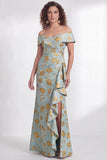 Off-the-shoulder zeemeermin zwarte bloemen met ruches lange moeder van de bruid jurk met split