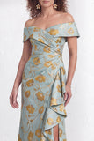 Off-the-shoulder zeemeermin zwarte bloemen met ruches lange moeder van de bruid jurk met split