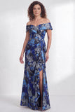 Off-the-shoulder zeemeermin zwarte bloemen met ruches lange moeder van de bruid jurk met split