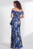 Off-the-shoulder zeemeermin zwarte bloemen met ruches lange moeder van de bruid jurk met split