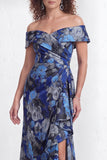 Off-the-shoulder zeemeermin zwarte bloemen met ruches lange moeder van de bruid jurk met split