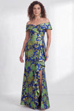 Off-the-shoulder zeemeermin zwarte bloemen met ruches lange moeder van de bruid jurk met split