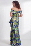 Off-the-shoulder zeemeermin zwarte bloemen met ruches lange moeder van de bruid jurk met split