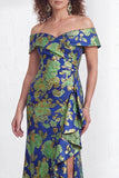 Off-the-shoulder zeemeermin zwarte bloemen met ruches lange moeder van de bruid jurk met split