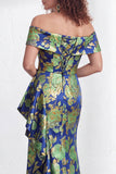 Off-the-shoulder zeemeermin zwarte bloemen met ruches lange moeder van de bruid jurk met split