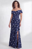 Off-the-shoulder zeemeermin zwarte bloemen met ruches lange moeder van de bruid jurk met split