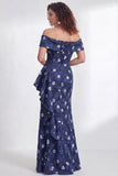 Off-the-shoulder zeemeermin zwarte bloemen met ruches lange moeder van de bruid jurk met split