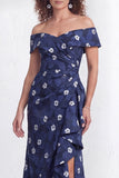 Off-the-shoulder zeemeermin zwarte bloemen met ruches lange moeder van de bruid jurk met split
