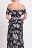 Blauwe schouderloze zeemeermin-bloemenjurk met ruches en lange moeder van de bruid jurk met split