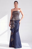 Goudstipte strapless zeemeermin met gerimpelde lange moeder van de bruid jurk