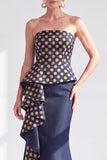 Goudstipte strapless zeemeermin met gerimpelde lange moeder van de bruid jurk