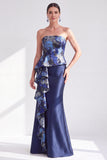 Goudstipte strapless zeemeermin met gerimpelde lange moeder van de bruid jurk