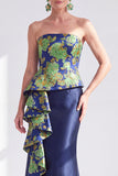 Goudstipte strapless zeemeermin met gerimpelde lange moeder van de bruid jurk