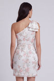 Eenschouder bloemen bodycon kleine witte jurk met strik
