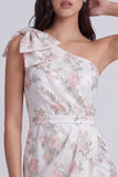 Eenschouder bloemen bodycon kleine witte jurk met strik